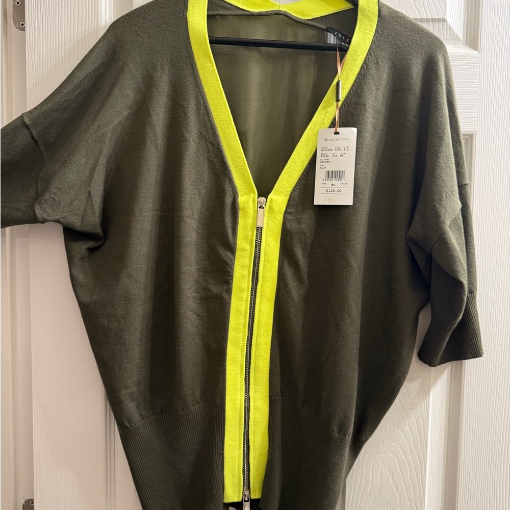 Olive Green Knit top with Neon Trim and sheer back